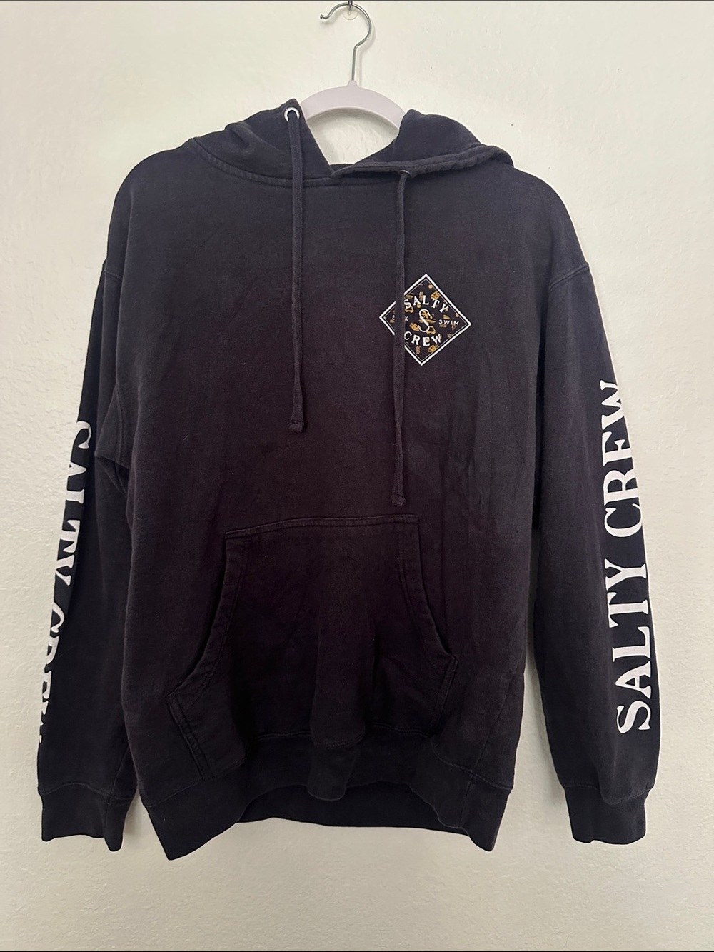 Salty Crew Black Pullover Hoodie with White Sleeve Logo